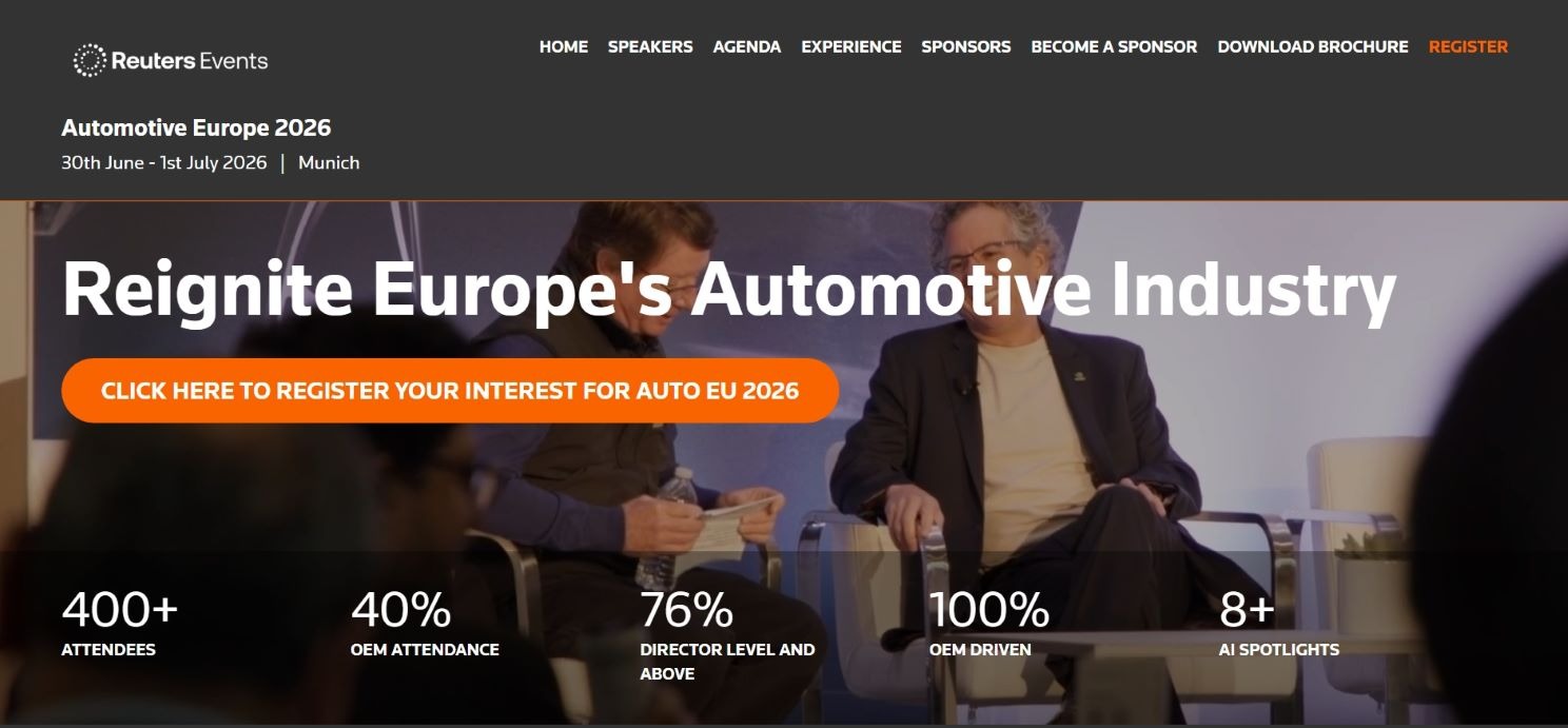 “Promotional banner for Automotive Europe 2026 featuring a panel discussion on stage with the tagline ‘Reignite Europe’s Automotive Industry’.”