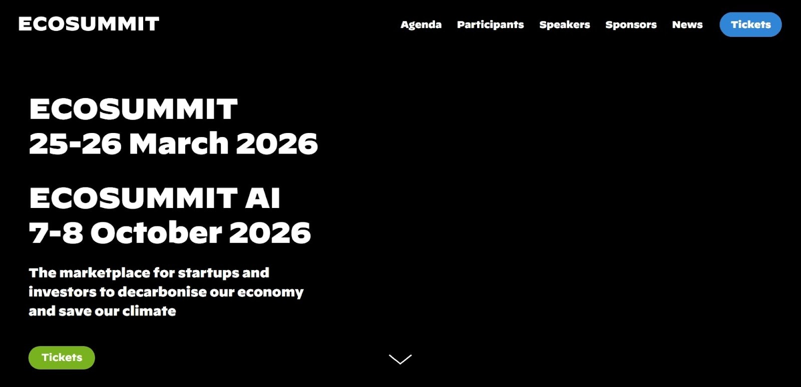 “Promotional banner for Ecosummit 2026 highlighting its role as a marketplace for startups and investors to decarbonise the economy, with dates for both Ecosummit and Ecosummit AI.”