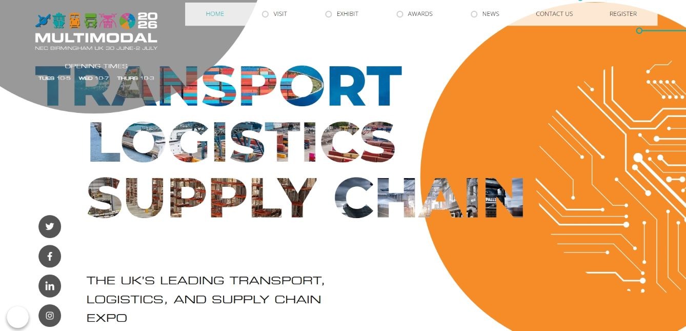 “Banner for Multimodal 2026, the UK’s leading transport, logistics, and supply chain expo, featuring bold text overlaid with images of shipping containers, warehouses, and transport networks, with orange circuit-style graphics on the right.”