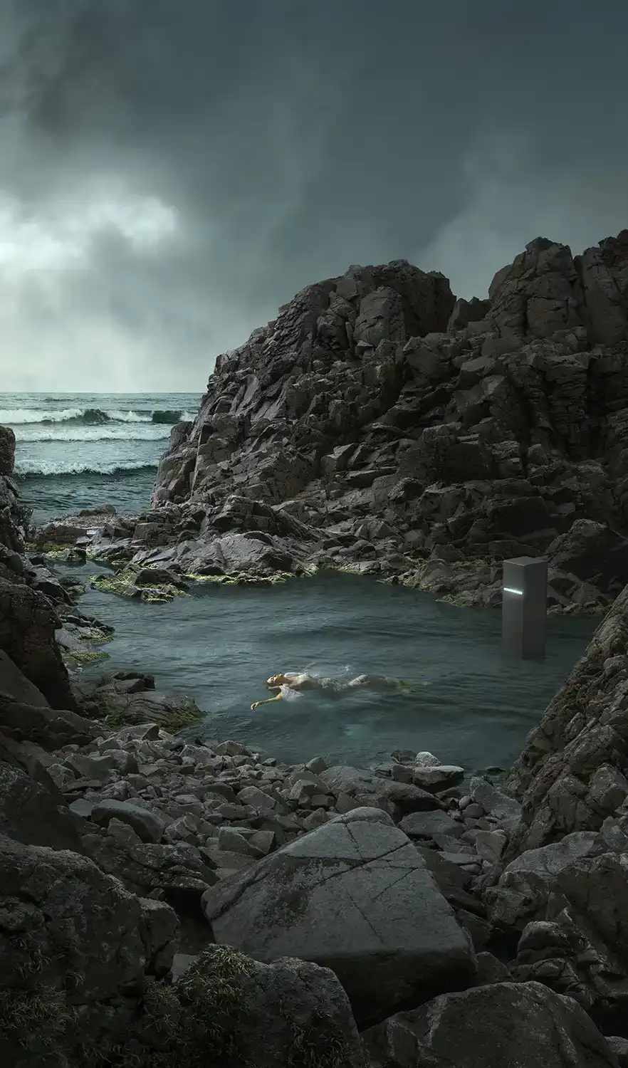 A child with a VR-headset on his face, floating in air in a mountain landscape.