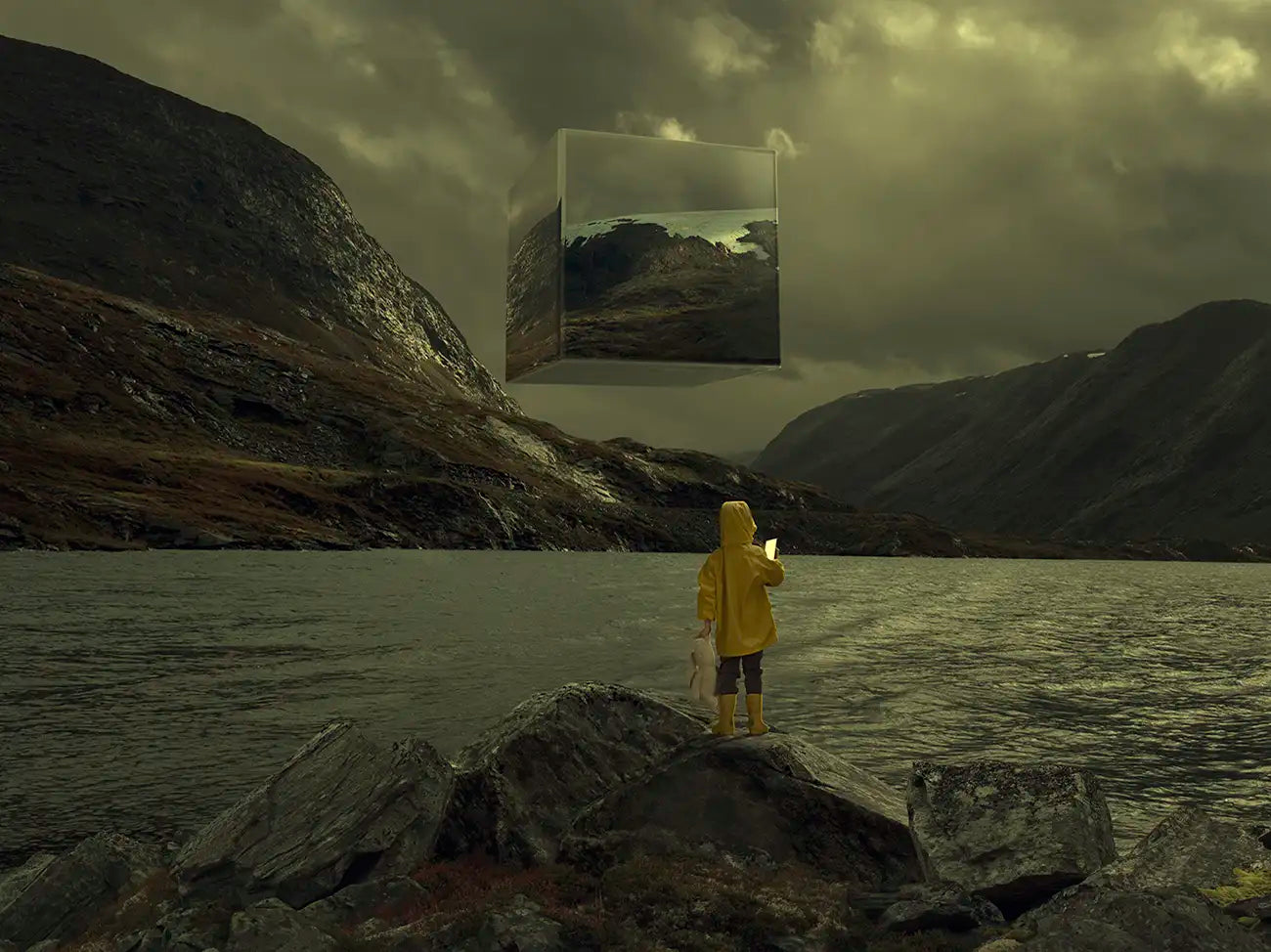 Girl standing on a rock, holing a phone. She is watching a floating reflective alien monolith. The scene is a mountain landscape with water.