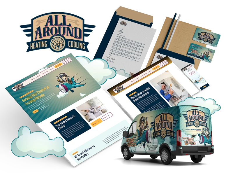 Branding system for a HVAC company, All Around heating and Cooling. System including print materials, brand identity, apparel, and vehicle wrap design.