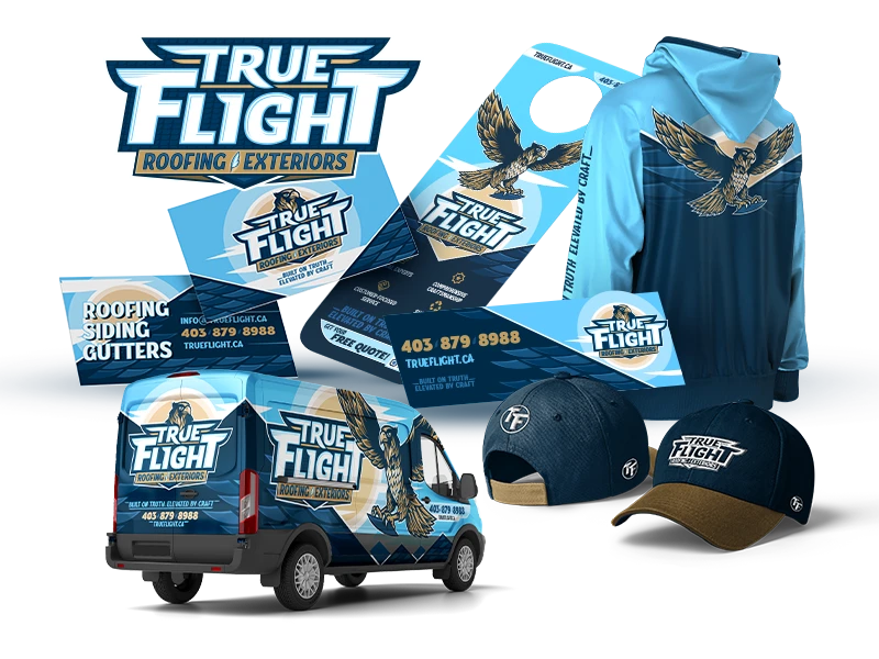 Branding system for a roofing company, Trueflight. System including print materials, brand identity, apparel, and vehicle wrap design.