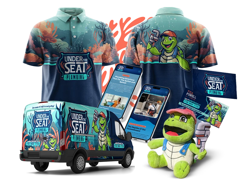 Branding system for a Plumbing company, Under teh Seat Plumbing. System including print materials, brand identity, apparel, and vehicle wrap design and plush toy design.