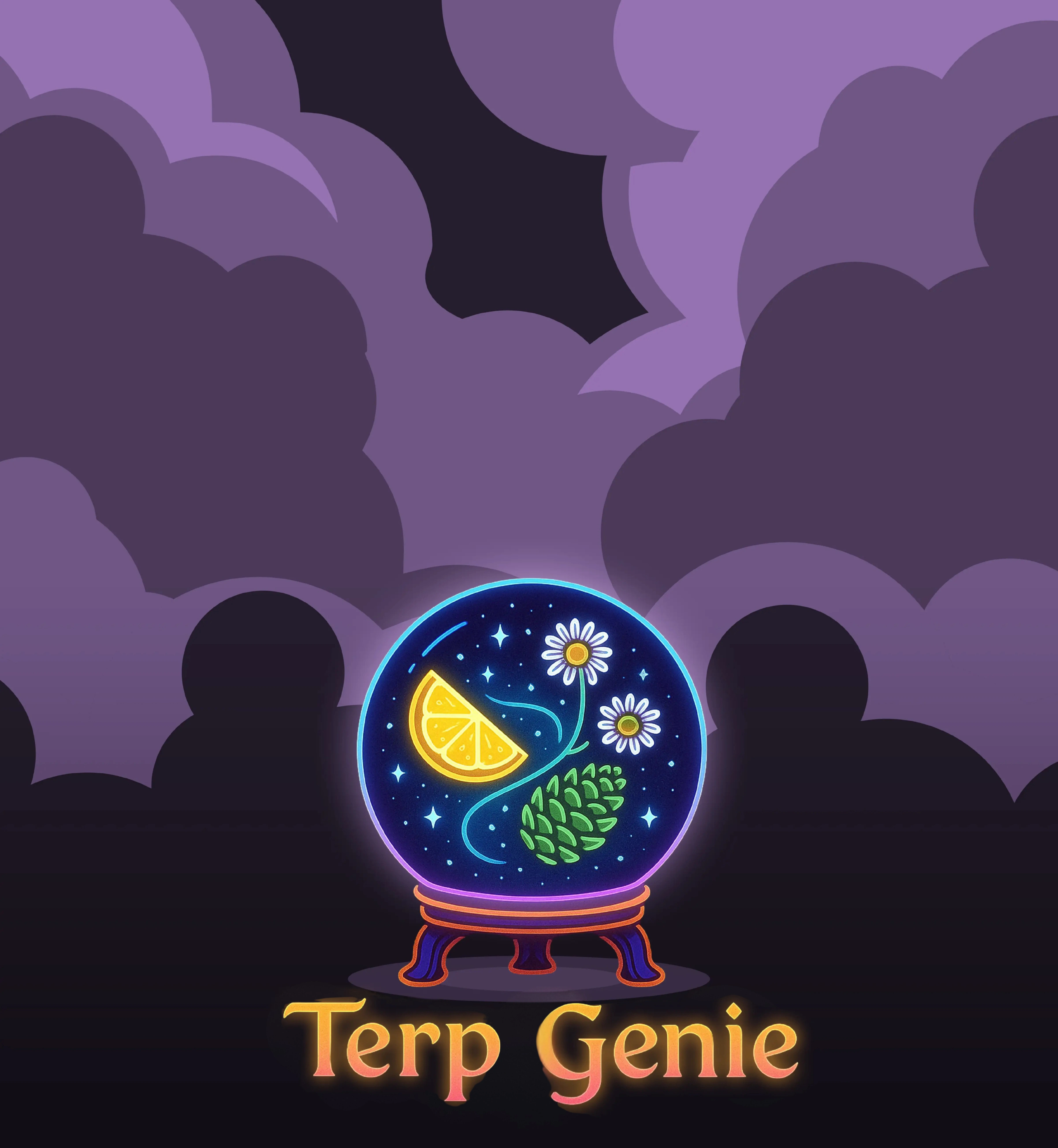 A crystal ball with a lemon, flowers and stars inside it