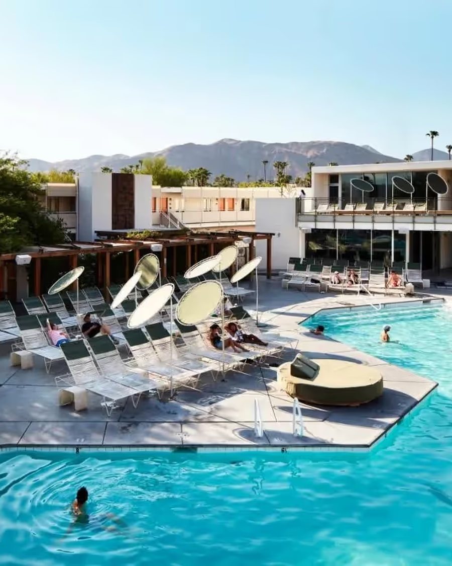 Hotel pool at a desert resort with lounge chairs and palm trees