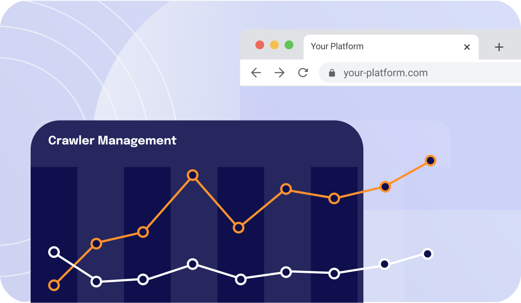 Illustration of website analytics with a shield icon blocking crawlers and content scrapers, showing Trusted Accounts’ bot and scraper protection for publishers.