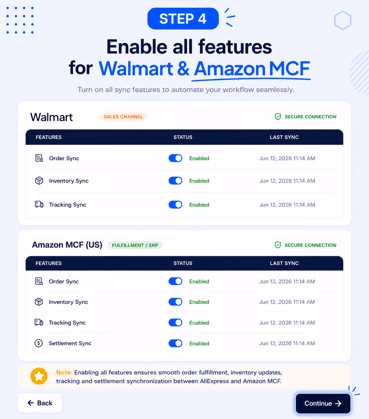 Turn on order sync, inventory sync, tracking sync, and settlement sync to automate your Walmart order fulfillment through Amazon MCF and manage operations smoothly from one place.