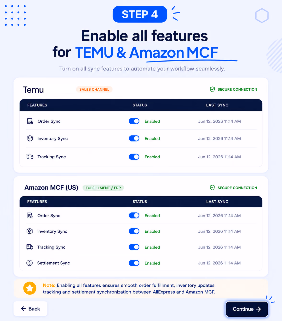Turn on order sync, inventory sync, tracking sync, and settlement sync to automate your Walmart order fulfillment through Amazon MCF and manage operations smoothly from one place.