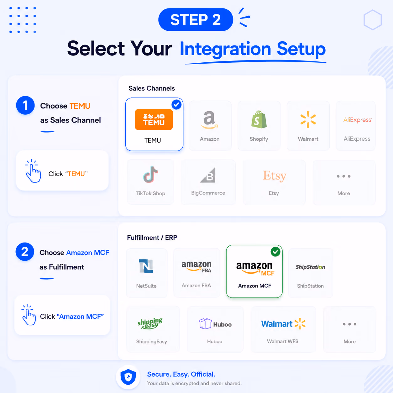 Choose Walmart as your Sales Channel and Amazon MCF as your Fulfillment Channel.