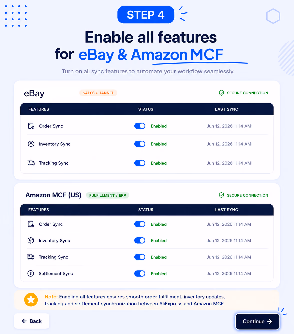 Turn on order sync, inventory sync, tracking sync, and settlement sync to automate your eBay order fulfillment through Amazon MCF and manage operations smoothly from one place.