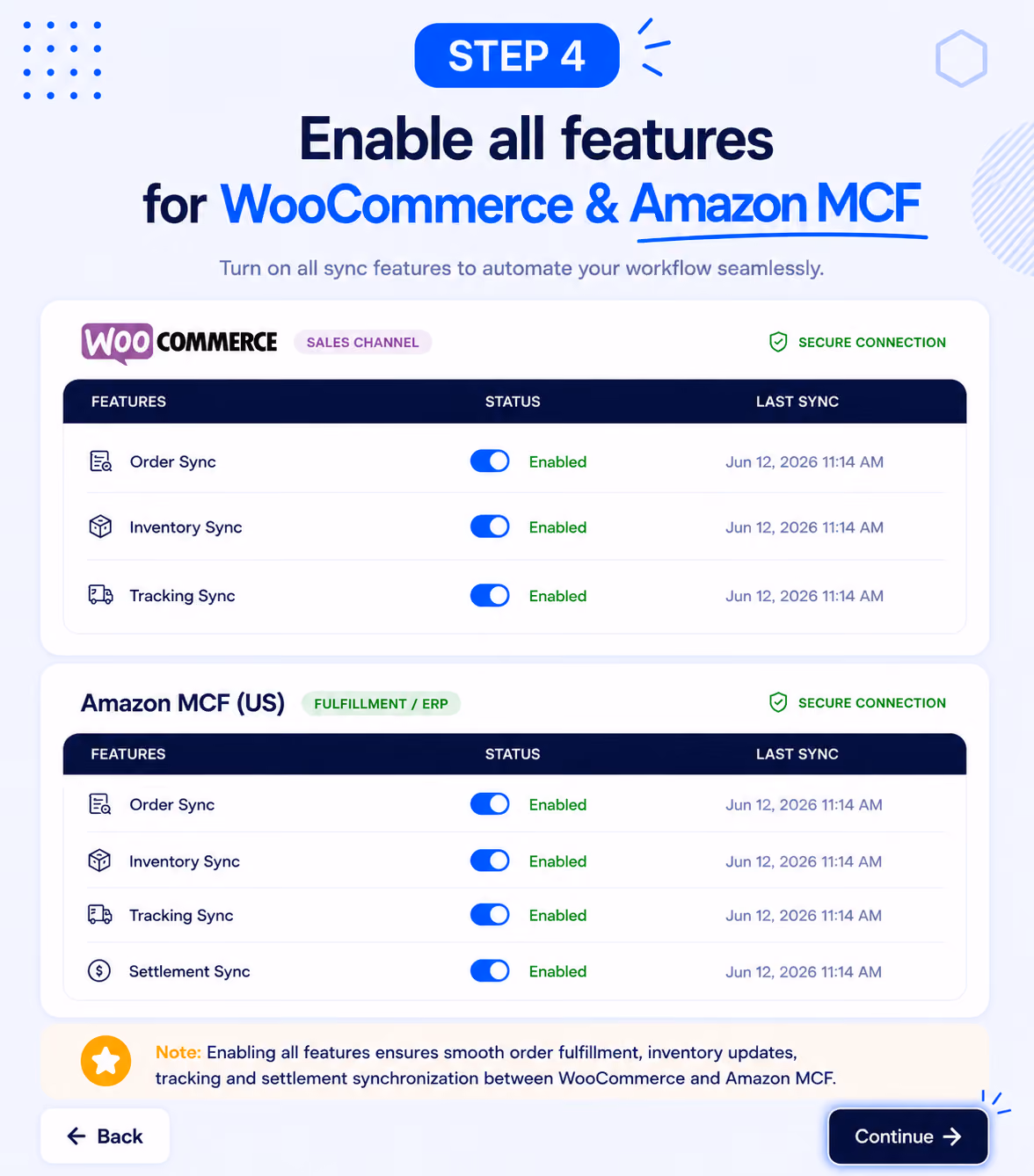 Turn on order sync, inventory sync, tracking sync, and settlement sync to automate your Walmart order fulfillment through Amazon MCF and manage operations smoothly from one place.
