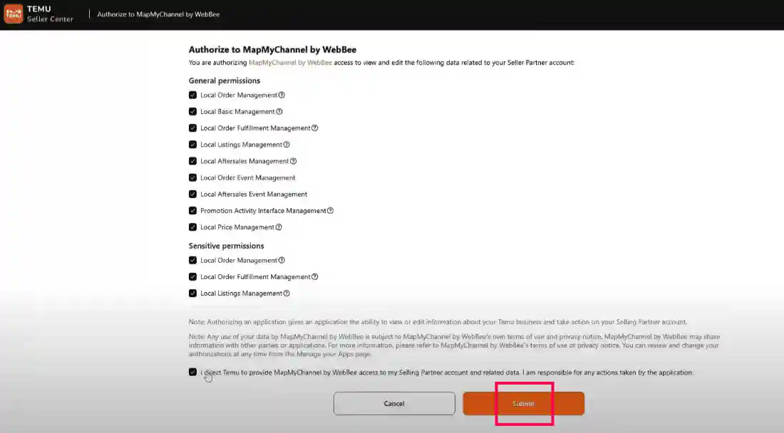 authorize by ticking all the checklists 