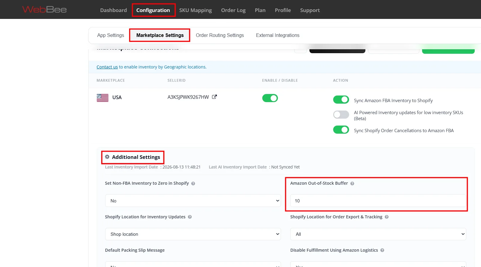 Amazon MCF by Webbee Dashbord for buffer inventory