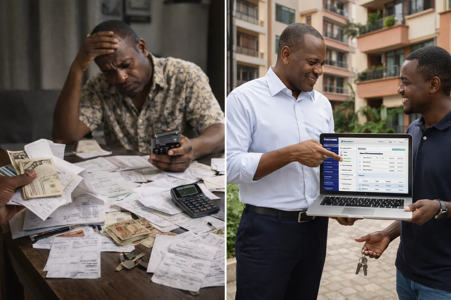 Split-screen comparison image: left side shows chaotic disorganized property management with scattered papers, cash, and confused expressions in muted colors; right side shows organized professional property management with clean digital dashboard on laptop, organized documents, and peaceful confident landlord in bright modern office, Kenyan setting, photorealistic style, clear visual contrast between disorder and order
