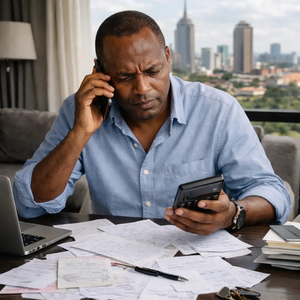 A stressed Kenyan landlord in his 40s sitting at a desk in a modern Nairobi apartment, looking at confusing handwritten rental statements and receipts scattered on the table, holding his phone in one hand and calculator in the other, natural lighting through window showing Nairobi cityscape, realistic photography style, professional but relatable mood