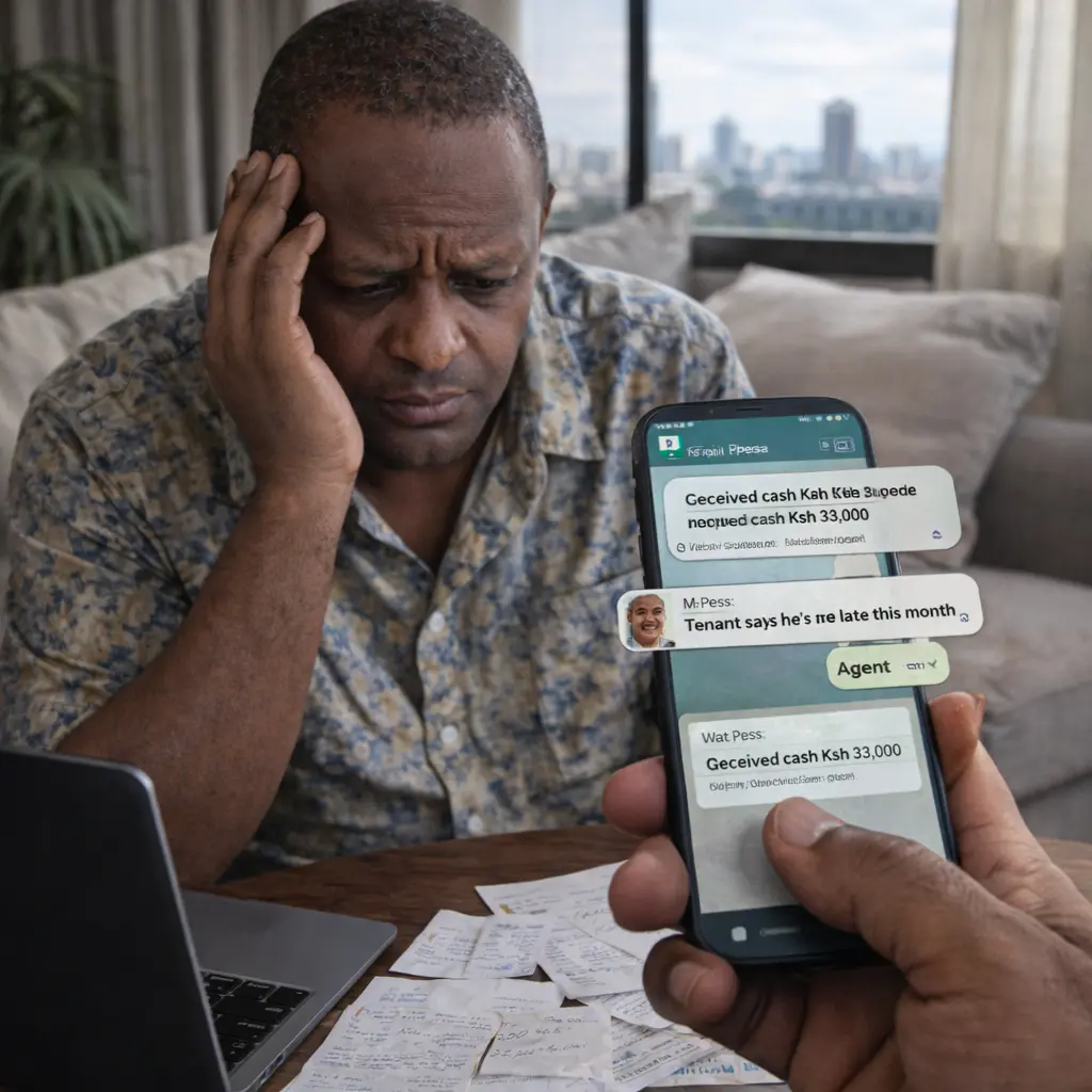 A stressed Kenyan landlord looking at handwritten rental statements and receipts, holding a phone and calculator