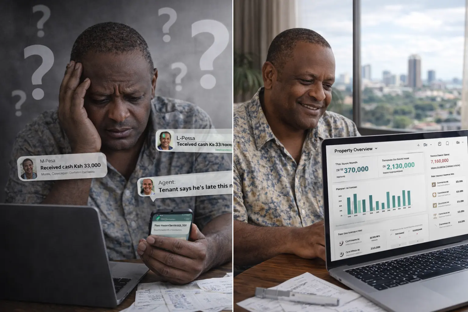 Split-screen comparison showing chaotic disorganized property management at left and organized digital dashboard and confident landlord at right