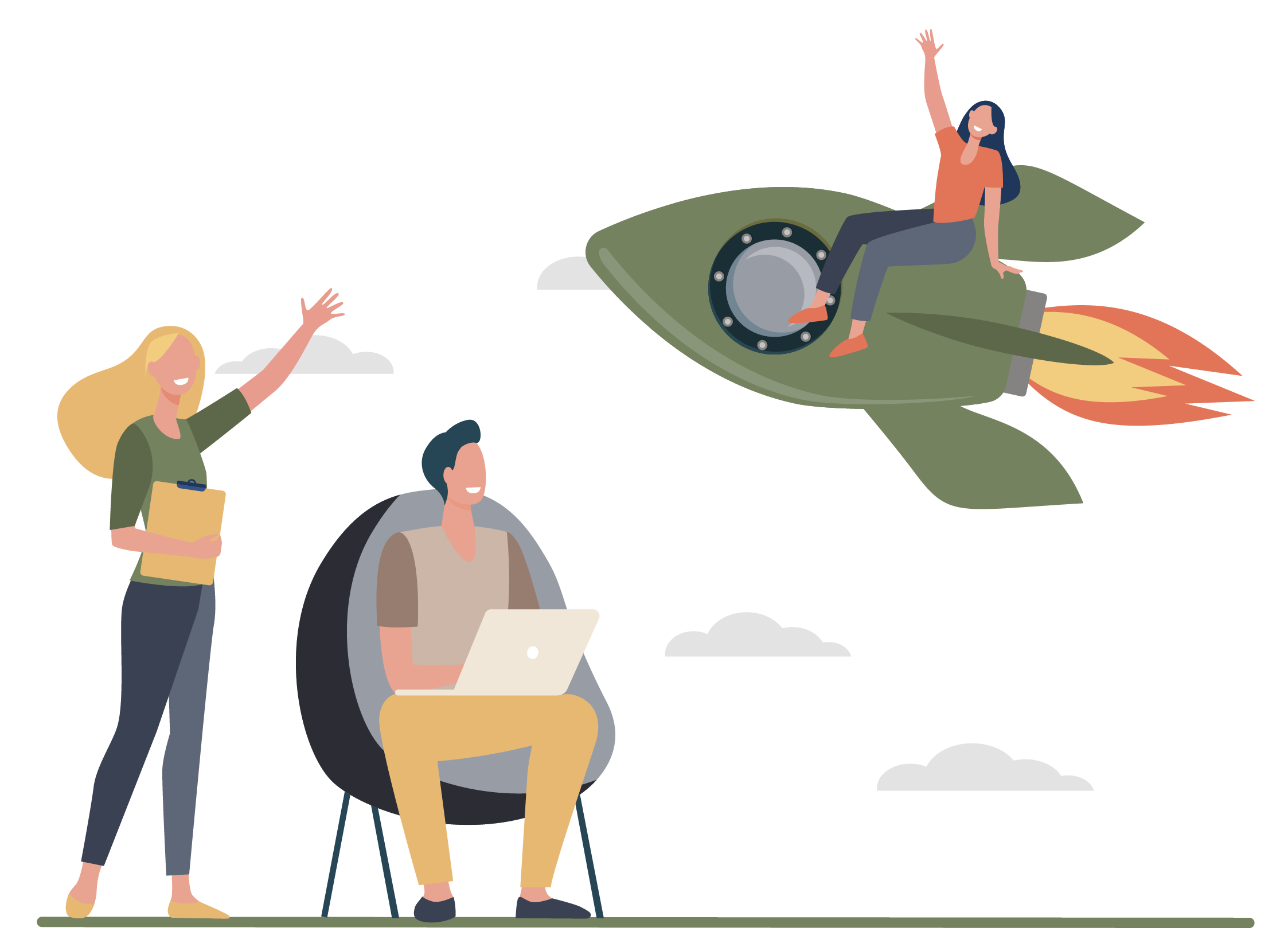 A woman riding a rocket and waving while a man sits on a chair with a laptop smiling at her and woman stands beside him with a clipboard waving back.