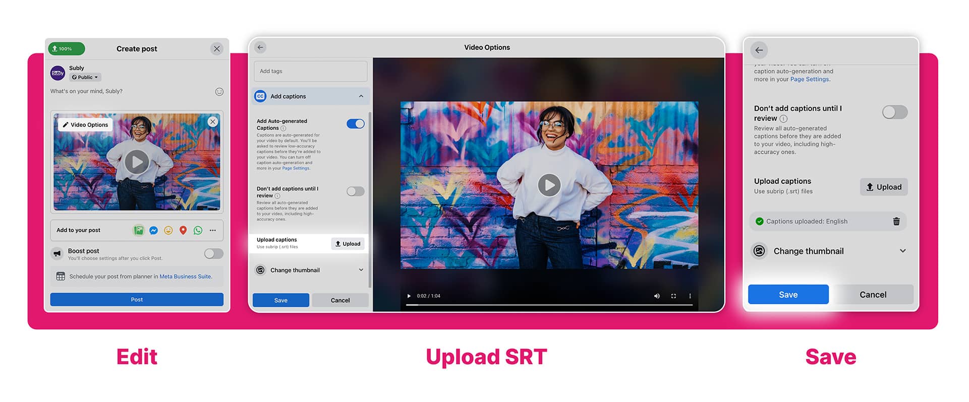 edit facebook video and upload srt file