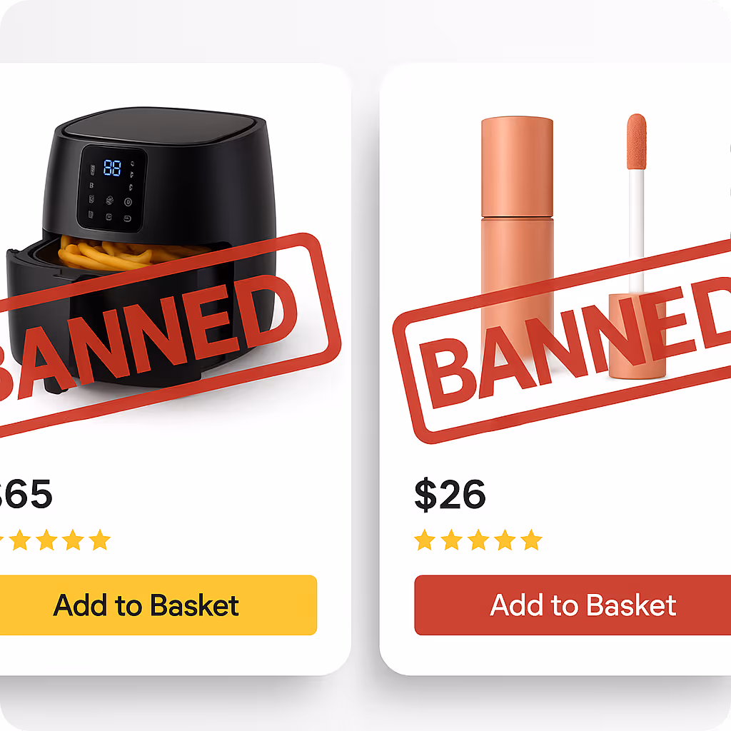 Two ecommerce product listings—a black air fryer and a coral-coloured lip gloss—each marked with a large red "BANNED" stamp across the images, indicating removal or restriction.
