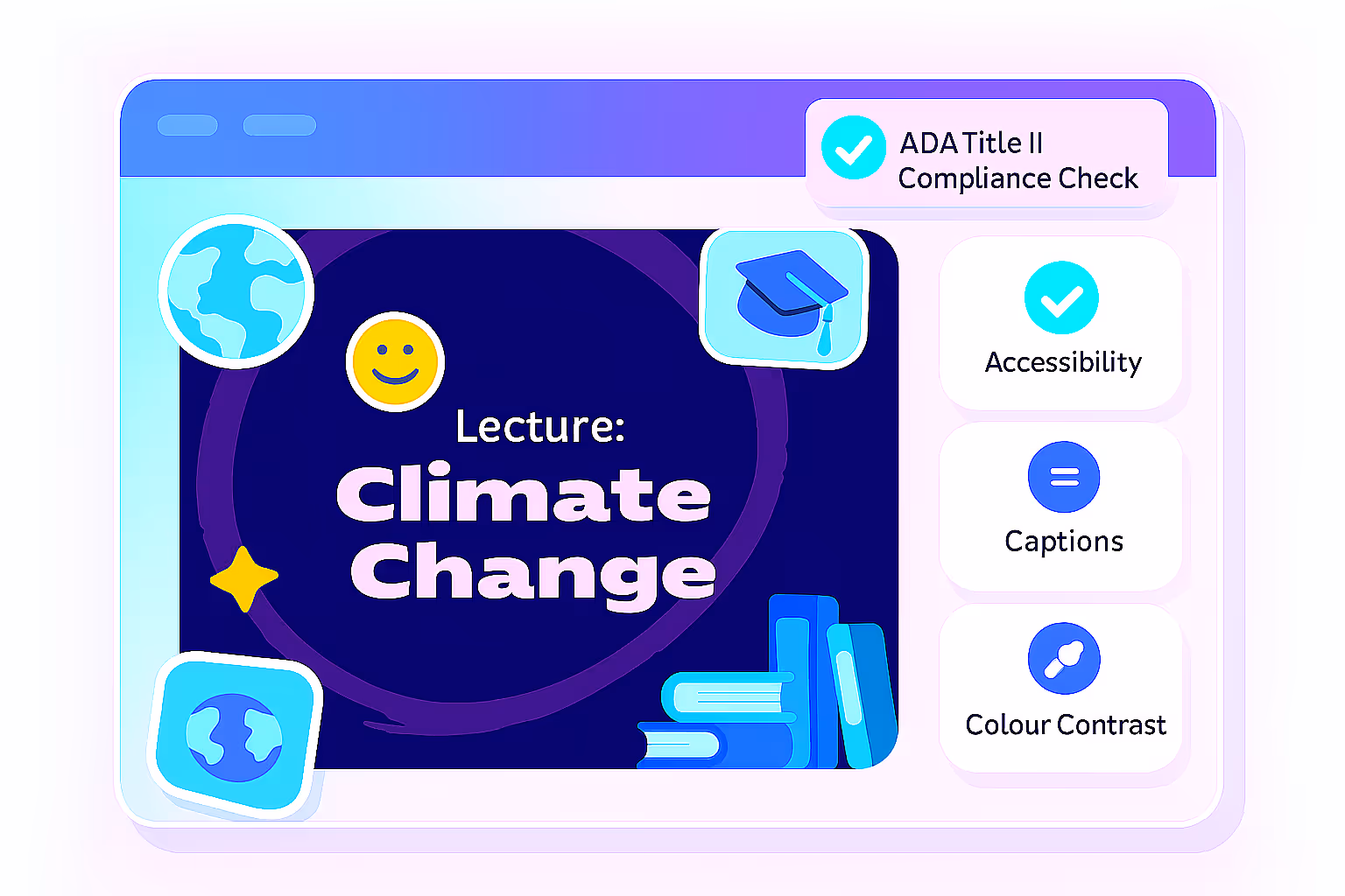Educational lecture screen showing “Climate Change” with accessibility checks.