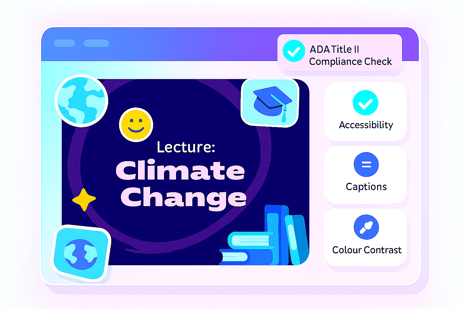Educational lecture screen showing “Climate Change” with accessibility checks.