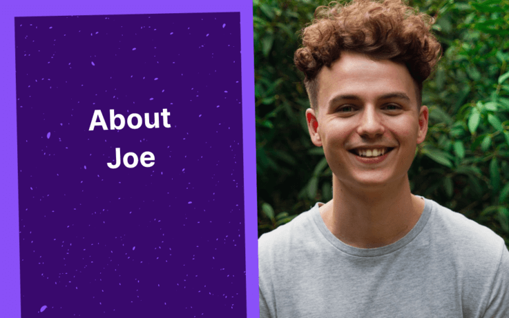 Text on right, about joe, man smiling on left