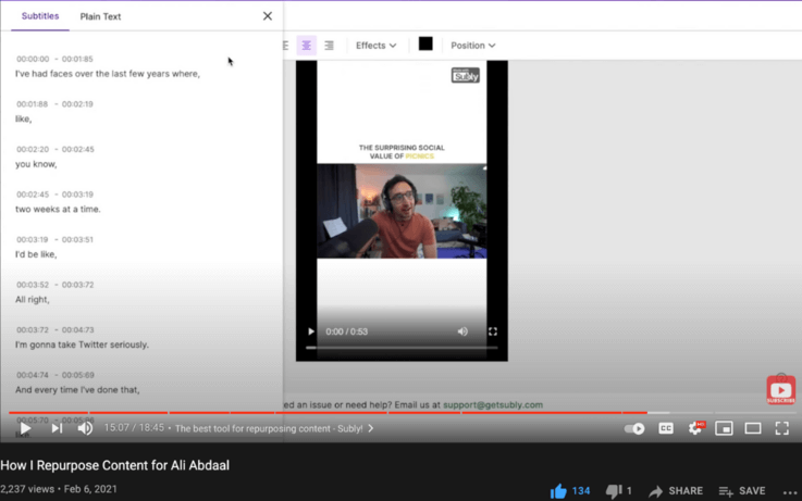 Screenshot of youtube video in Subly platform