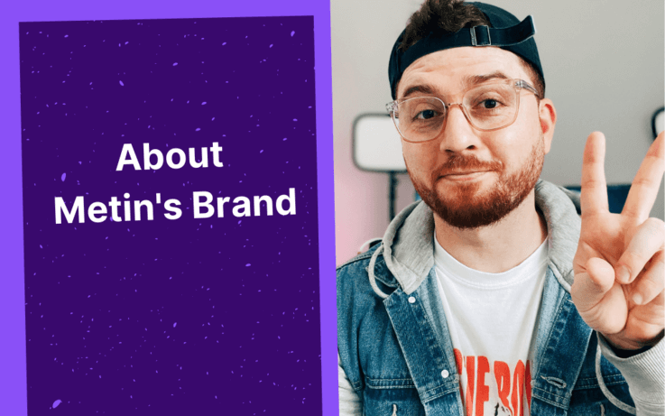 on left, text about metin, on right, man holding up peace sign with two fingers