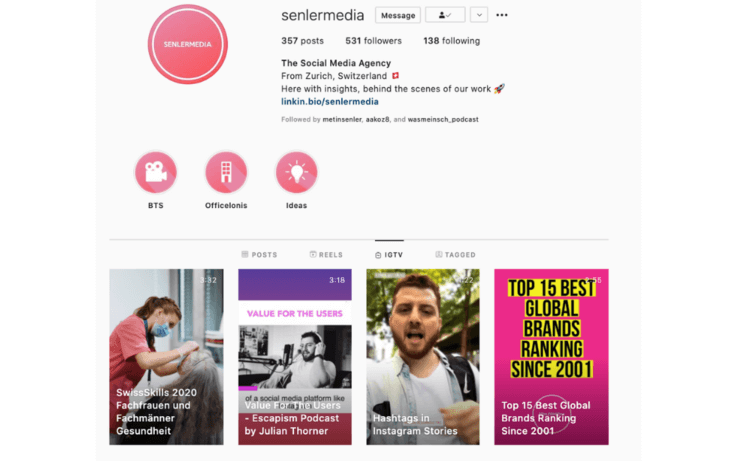 screenshot of senler media igtv page