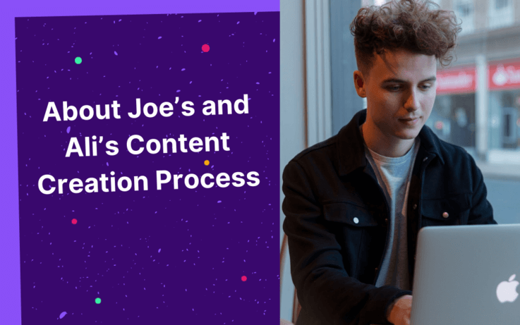 Text on left: about joe and ali, man at computer on right