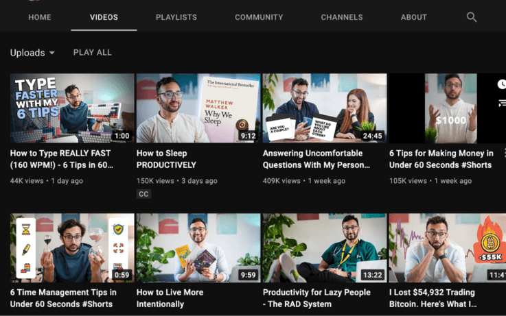 Screenshot of ali abdaal’s youtube channel