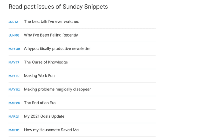 screenshot of Ali Abdaal’s newsletter archive