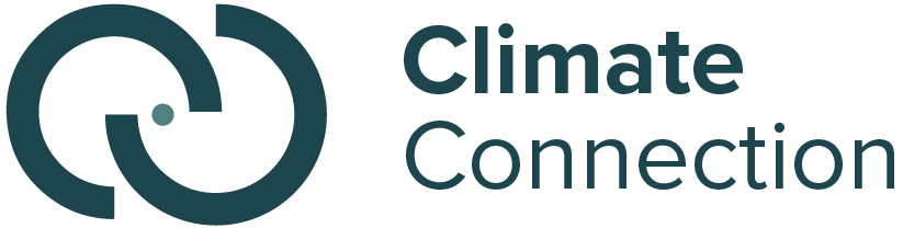 Climate Connect logo featuring two interlocking yellow circular shapes on a transparent background.