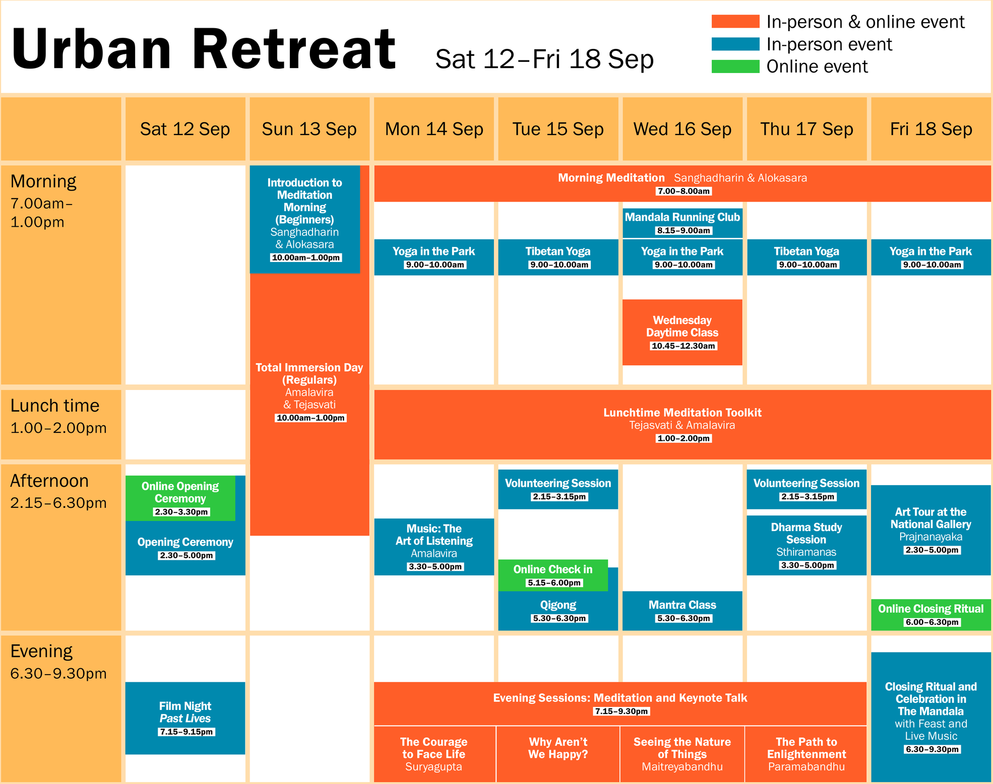 Urban Retreat Events Timetable 2026, Saturday September 12th until Friday 18th September