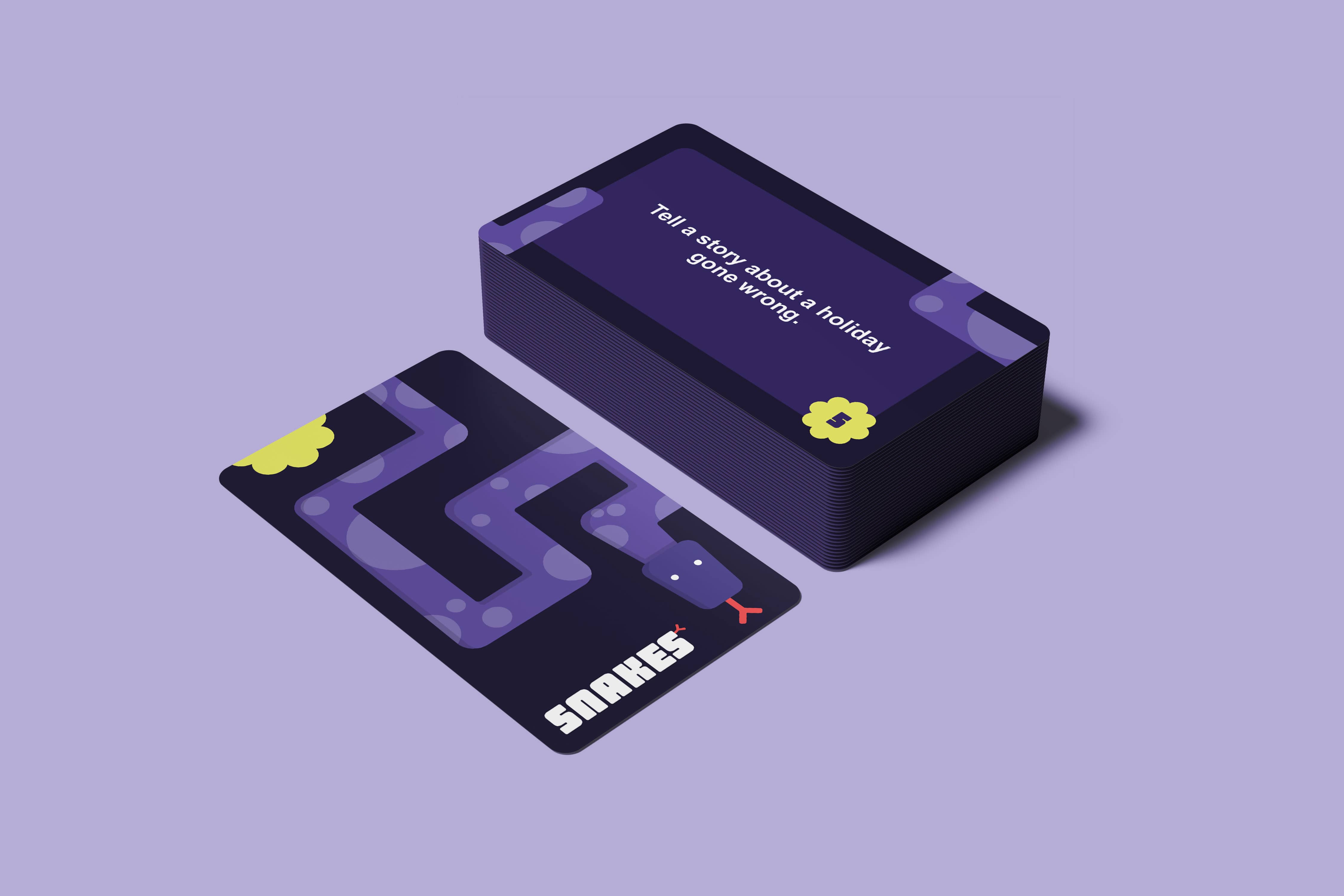 A stack of purple cards with a logo of a snake on it.