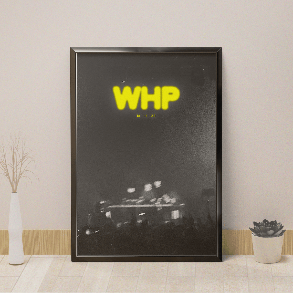 Black poster featuring Fred Again blurred yellow “WHP” text above a grainy black-and-white concert scene with the date “18.11.23”.