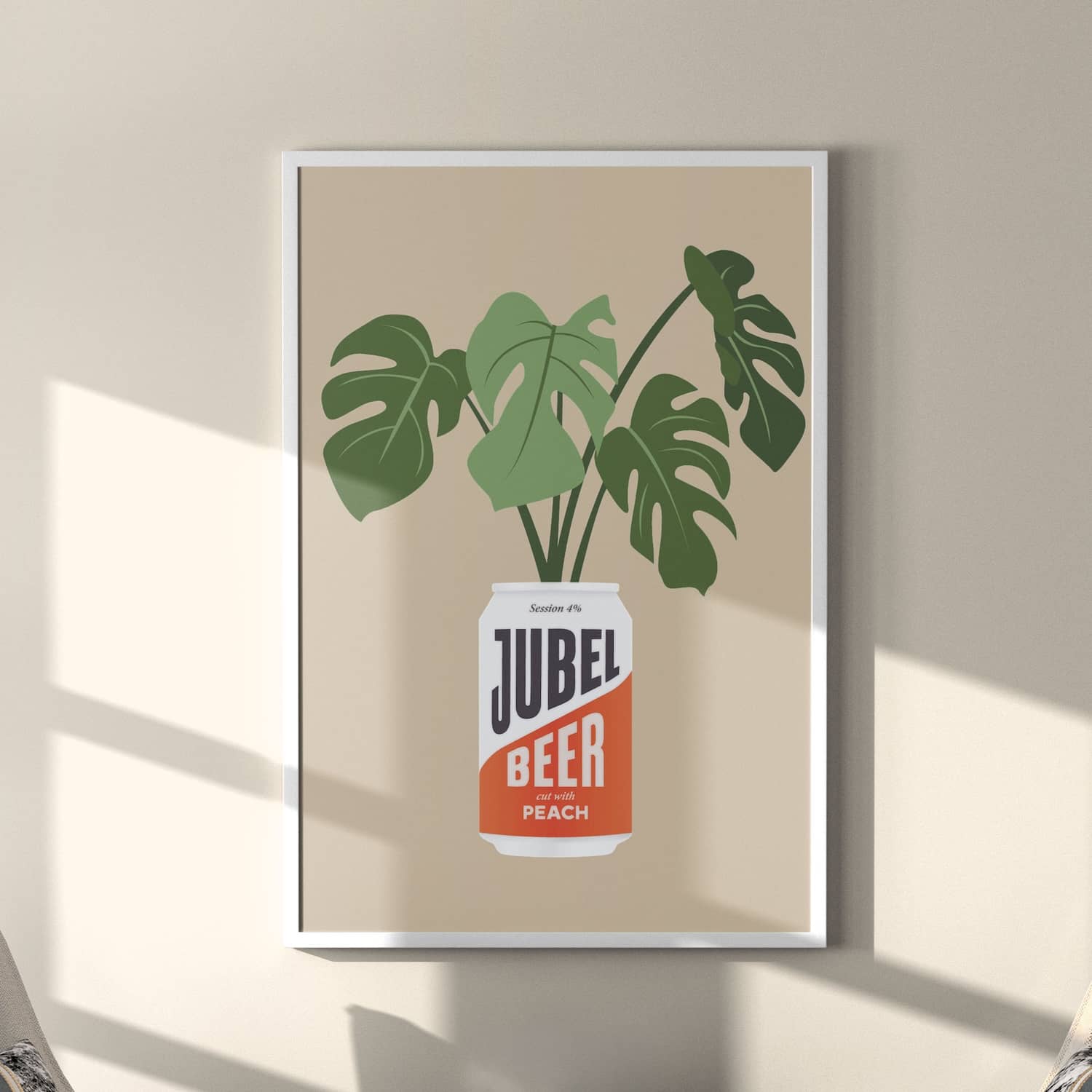Illustrated monstera leaves arranged in a white can of Jubel Peach Beer, styled as a vase against a beige background.