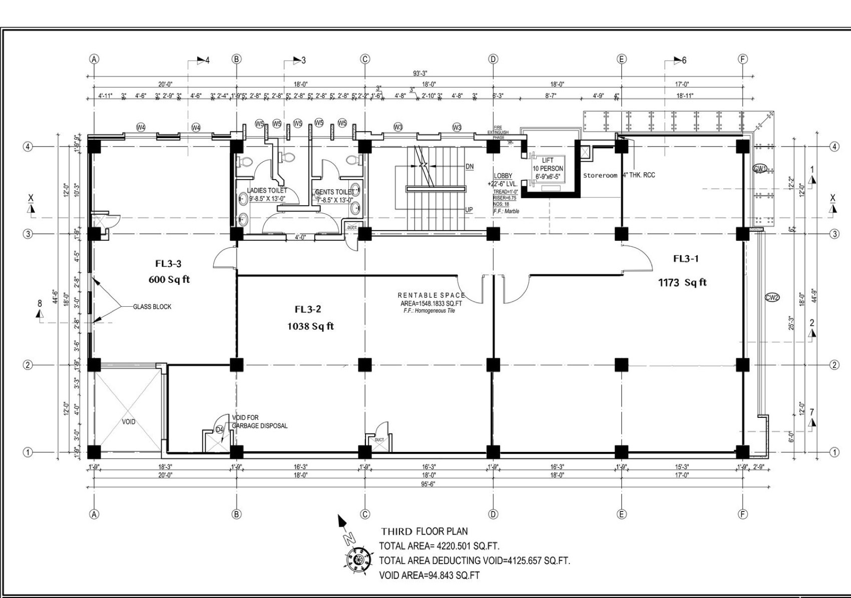 Third floor architectural plan showing the column grid, lift, stair core, lobby and washrooms