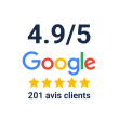 Note Google 4,9 sur 5 avec cinq étoiles dorées et 170 avis clients.