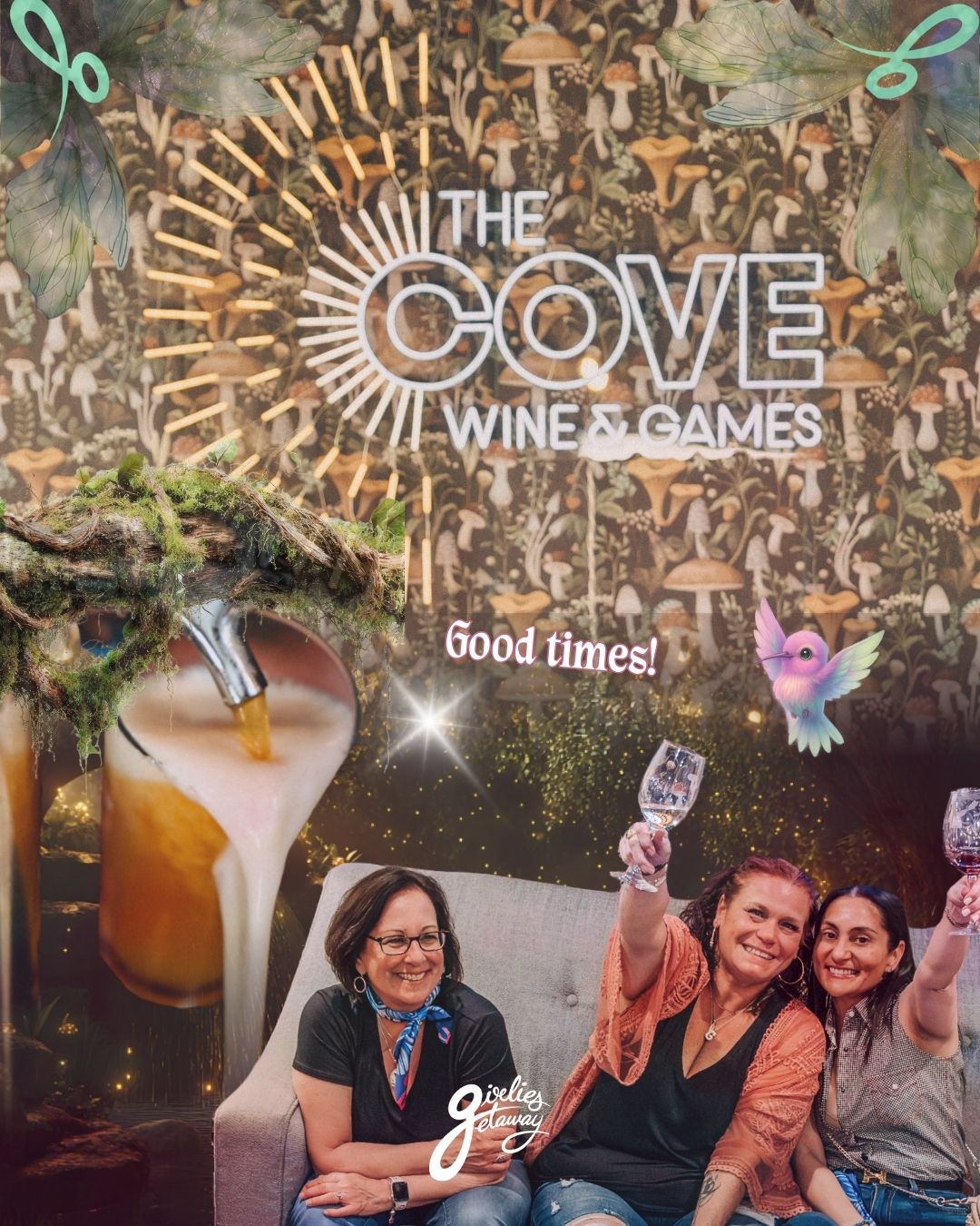 Women posing in front of The Cove sign