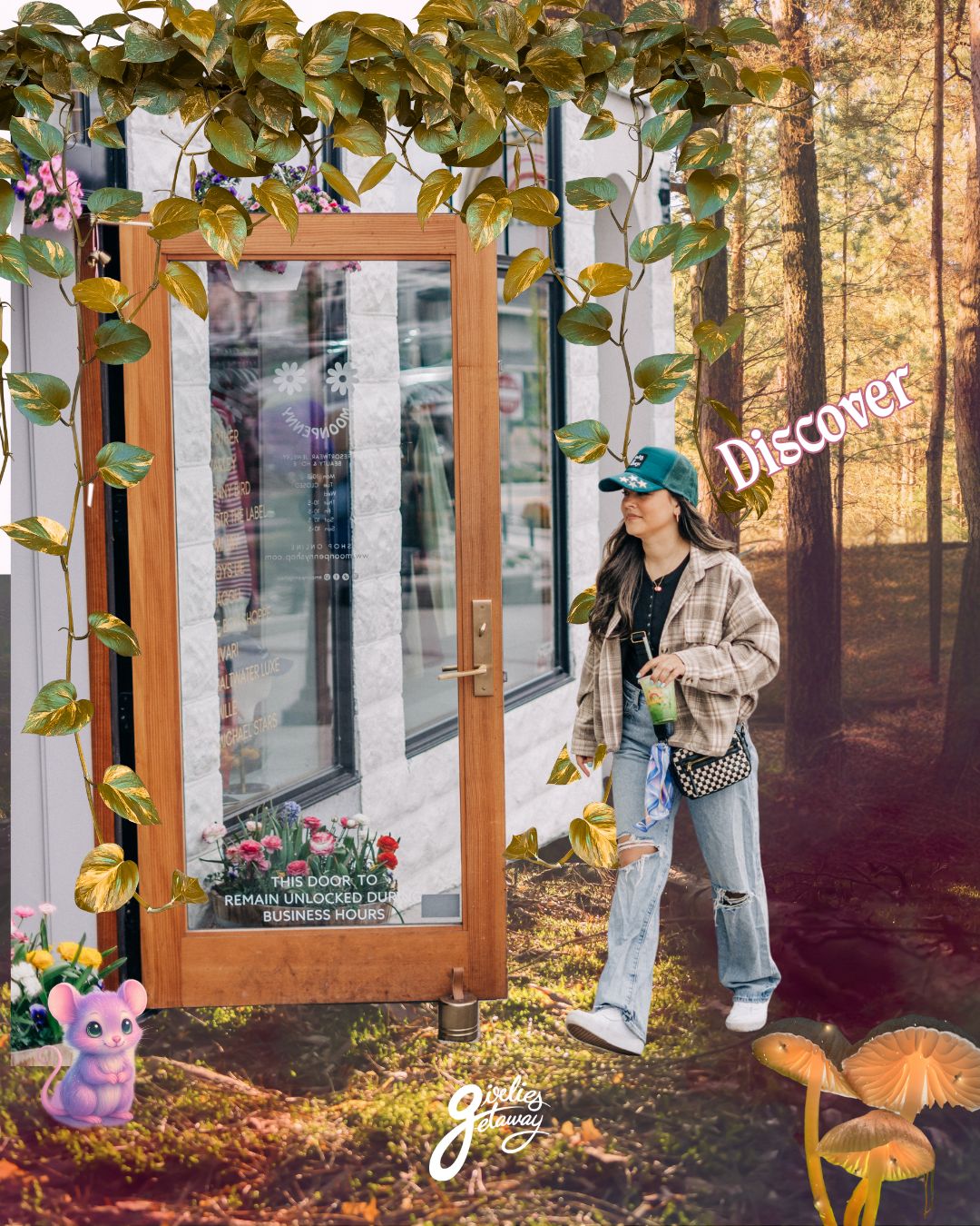 Girlie entering a shop