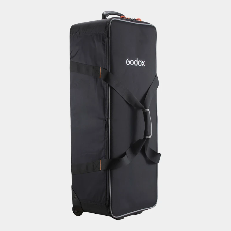 Wheeled trolley case with padded dividers for safely carrying studio lights, stands, and accessories. Ideal for location-based commercial shoots.