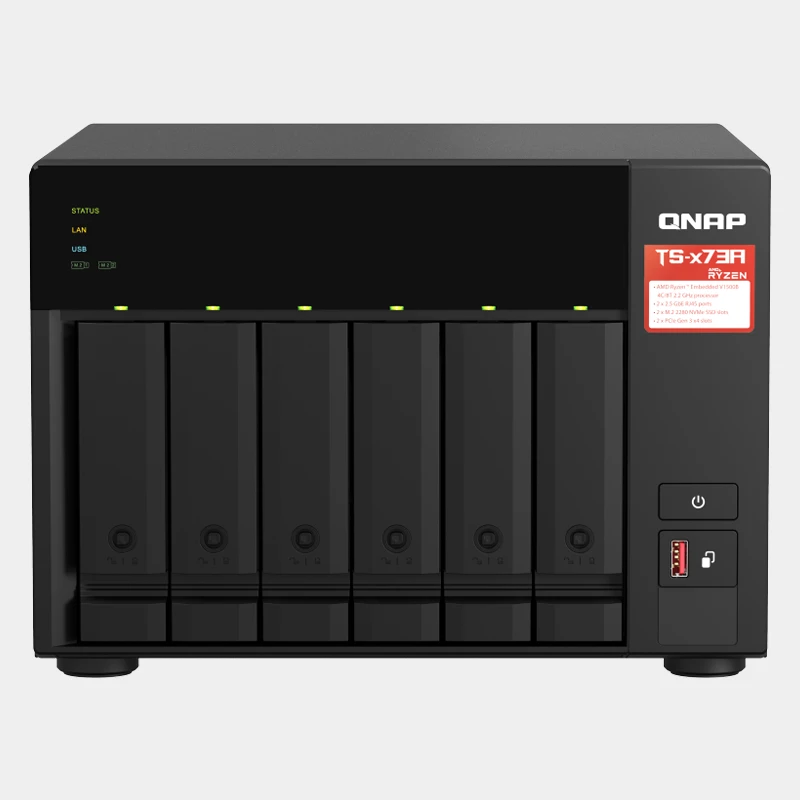 QNAP TS-673A-8G six-bay NAS server featuring an AMD Ryzen quad-core processor, dual 2.5GbE ports, PCIe expansion slots, and M.2 NVMe SSD cache support.
