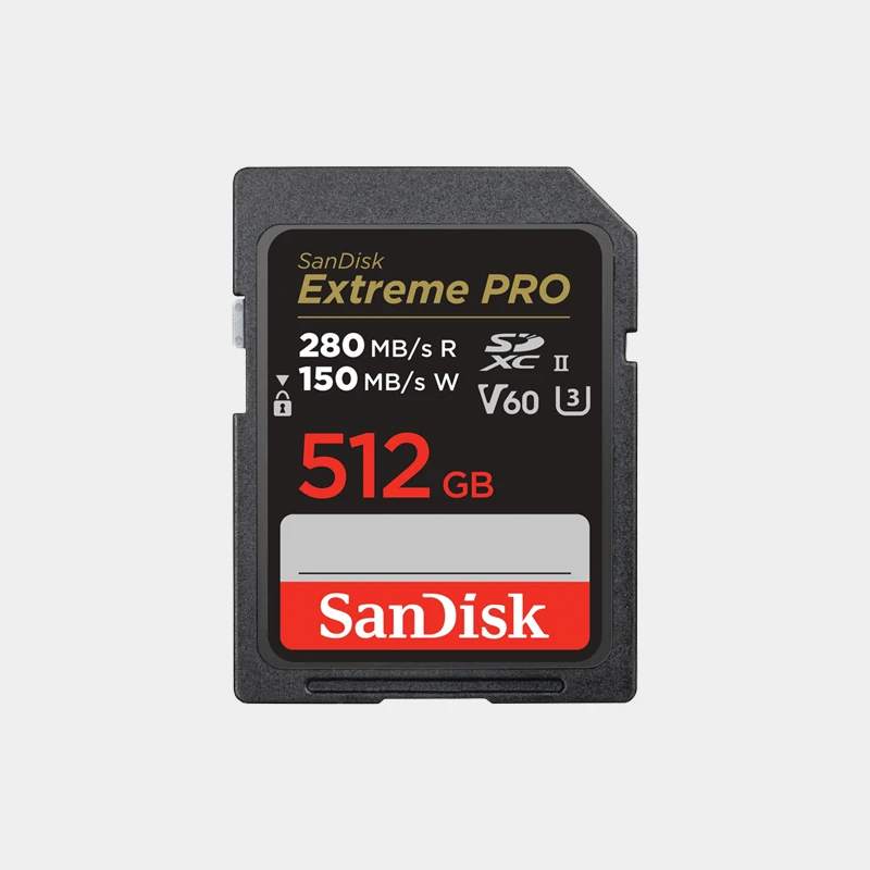 SanDisk Extreme PRO 512GB SDXC V60 UHS-II memory card designed for 4K and 6K video, featuring up to 280MB/s read speeds and durable, weather-resistant construction.