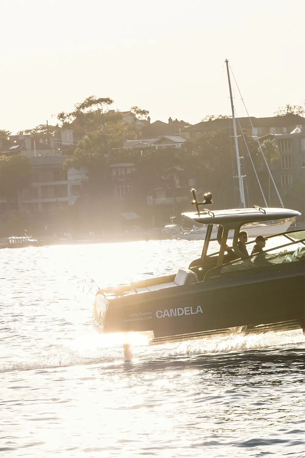 Polestar and Candela collaboration captured at Sydney Harbour Concours d’Elegance, featuring the Candela C-8 Polestar edition electric hydrofoil boat alongside Polestar vehicles, photographed by EDG Studios.