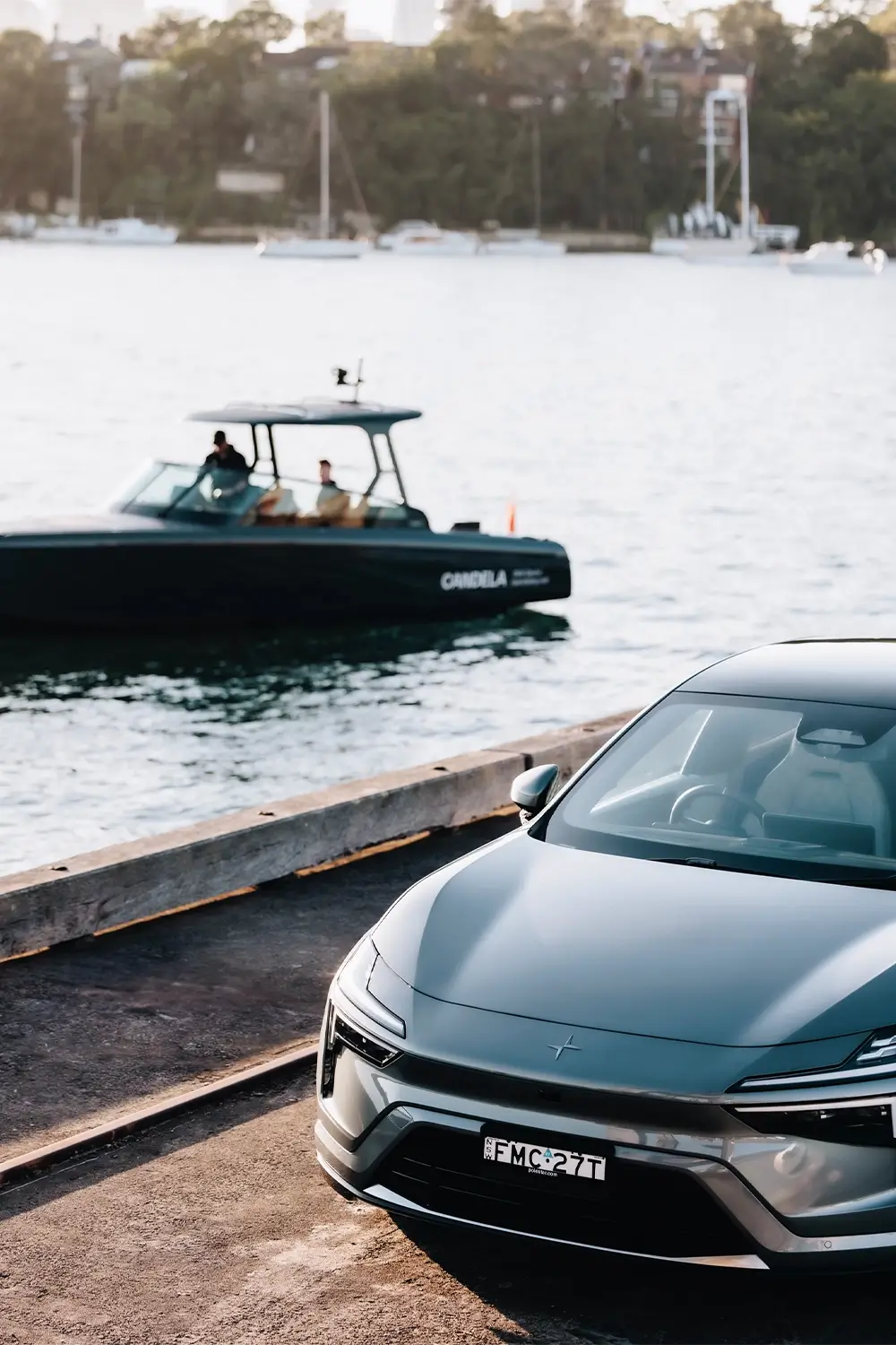 Polestar and Candela collaboration captured at Sydney Harbour Concours d’Elegance, featuring the Candela C-8 Polestar edition electric hydrofoil boat alongside Polestar vehicles, photographed by EDG Studios.