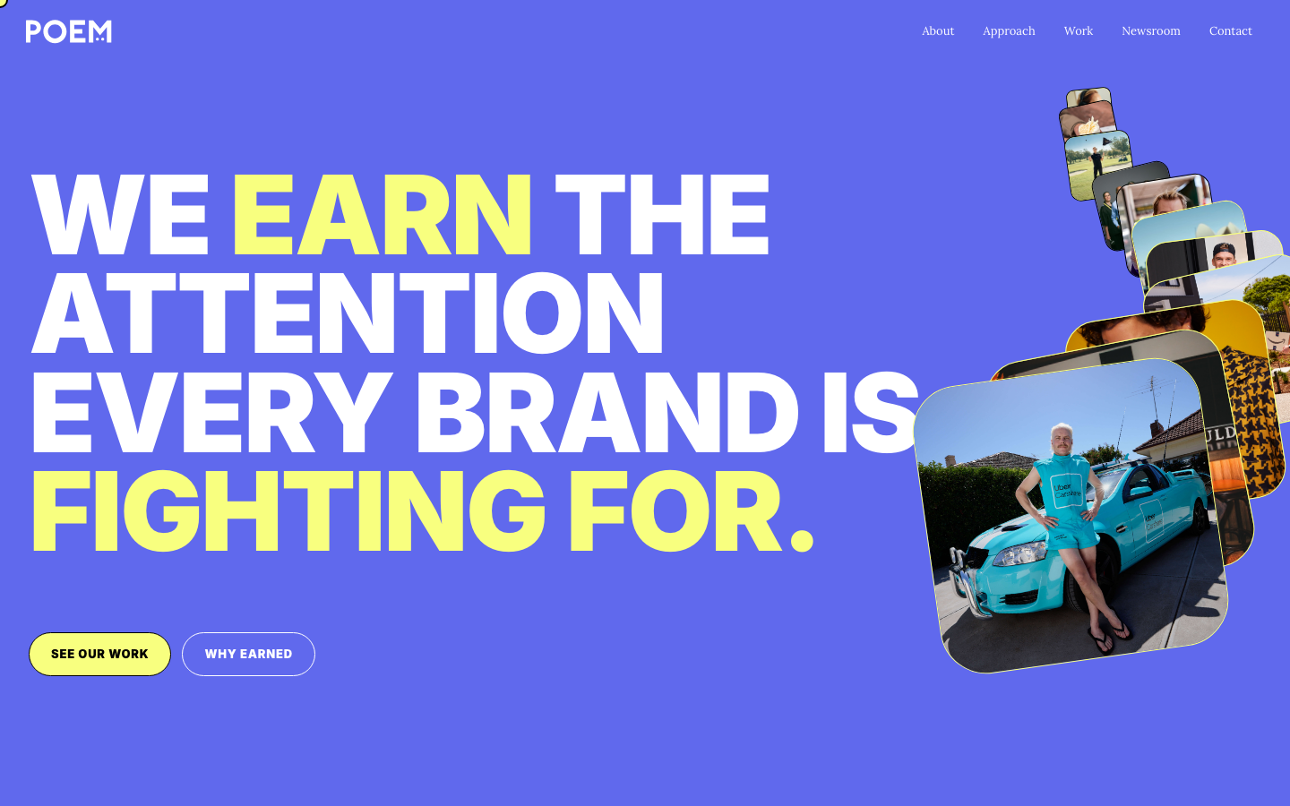 Poem Group website showing its purple and yellow brand identity