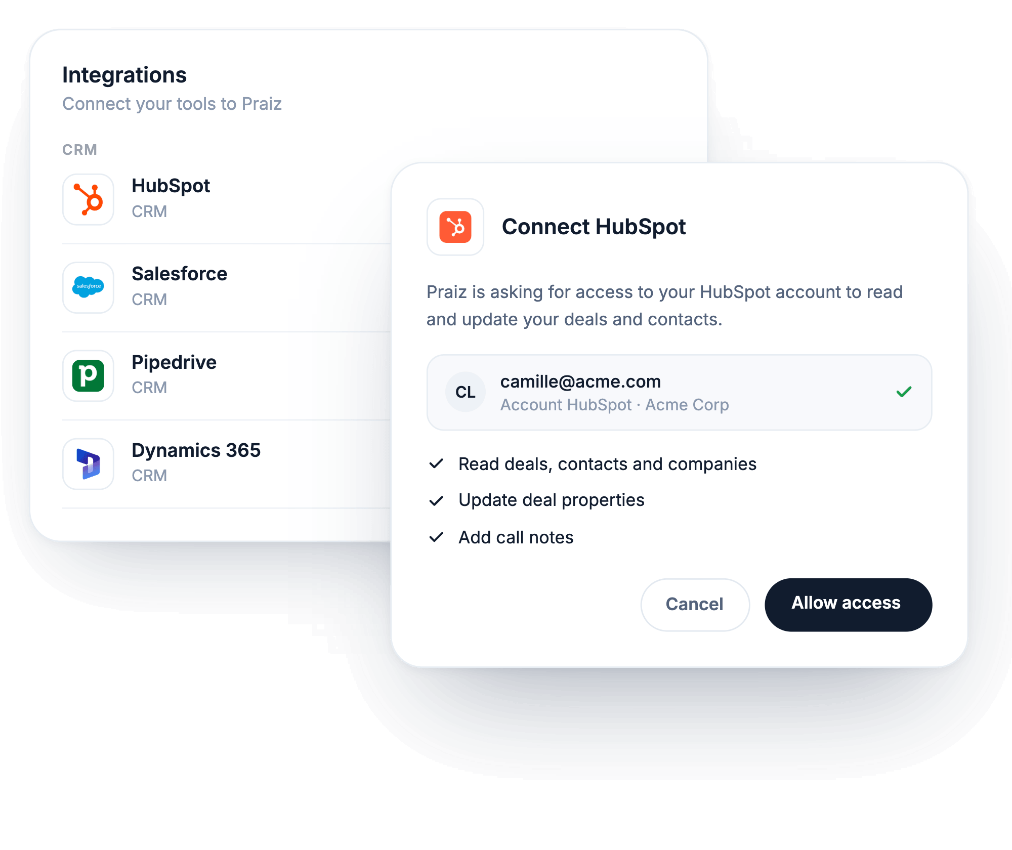 Connecting HubSpot from the Praiz integrations